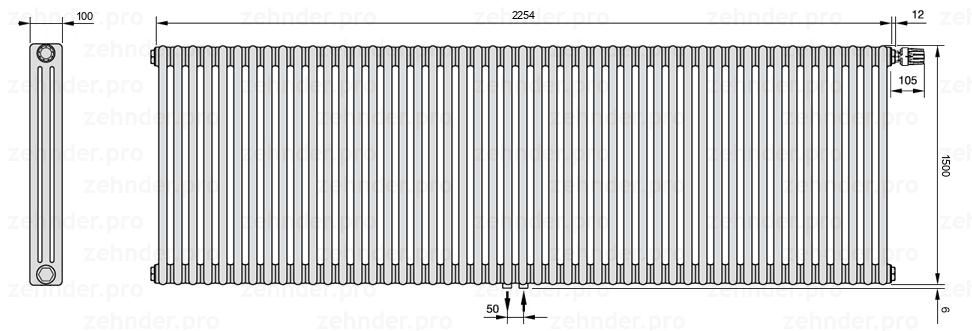 Схема (чертеж) Радиатор Zehnder Charleston 3150/49 №V008 Белый глянцевый RAL 9016